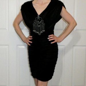 Black Ruched Dress, Sequins Beaded Applique Hugs Body Party Date Night Size S